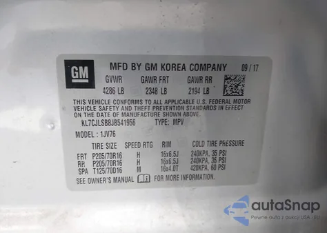 2018 Chevrolet Trax Lt из США, поврежденный, VIN KL7CJLSB8JB541956